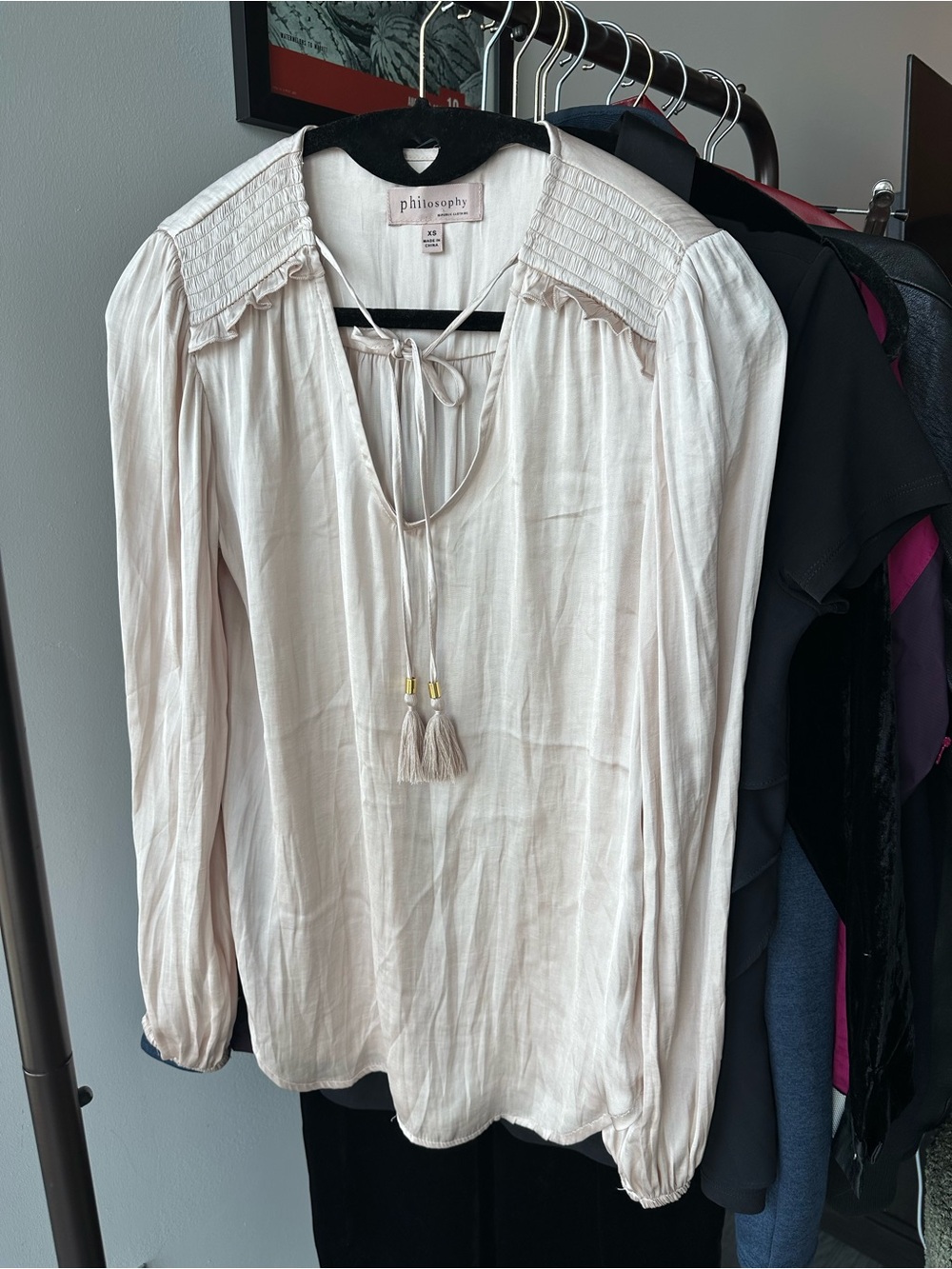 Philosophy Cream Tie-Neck Smocked Shoulder Blouse